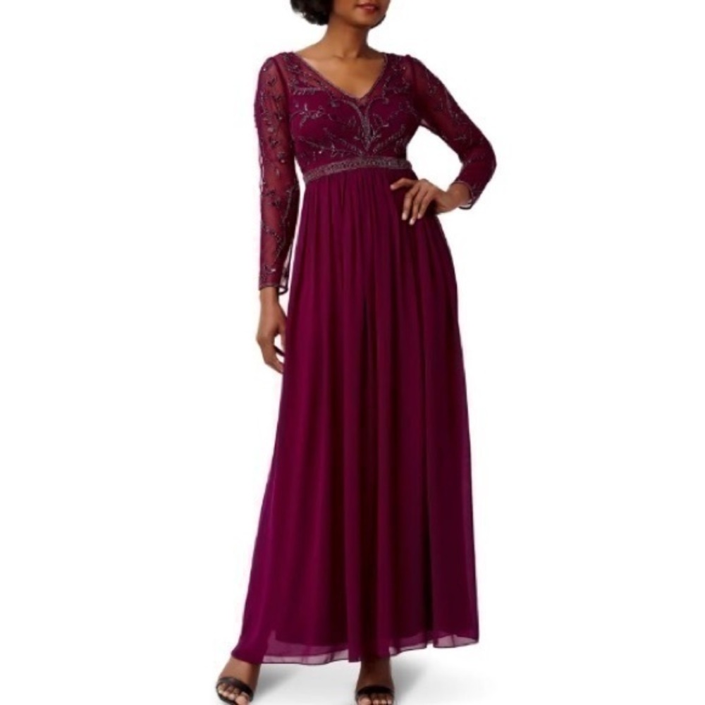 ADRIANNA PAPELL Illusion V-neck Long Sleeve Beaded Chiffon Gown in Bordeaux Sz 4 - Picture 1 of 6